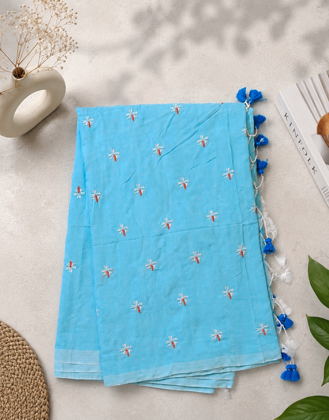 Turquoise Blue Floral Embroidered Khadi Cotton Saree | Shop By Abhinetri