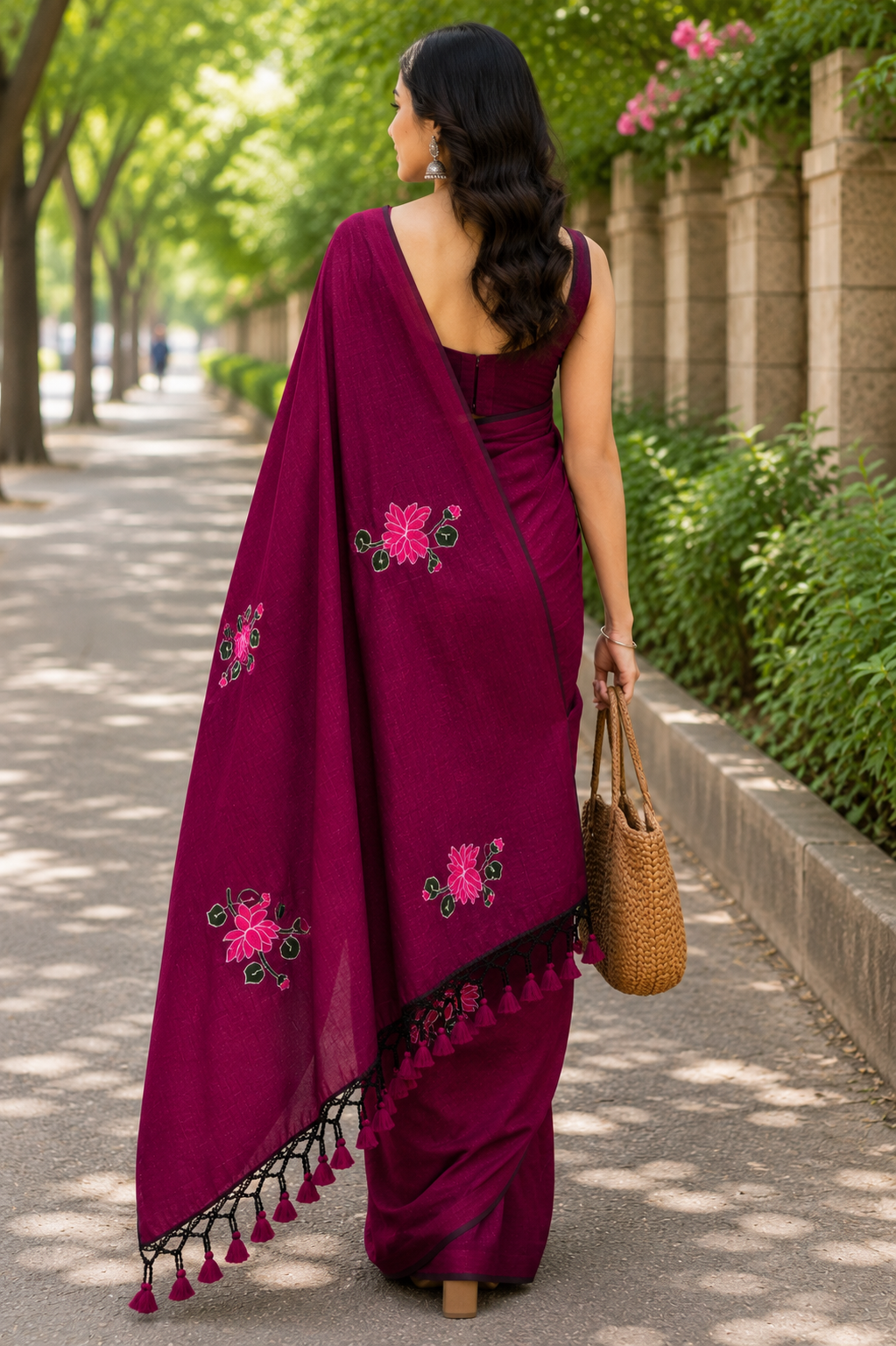 Gorgeous Wine Lotus Embroidered Khadi Cotton Saree | Shop By Abhinetri