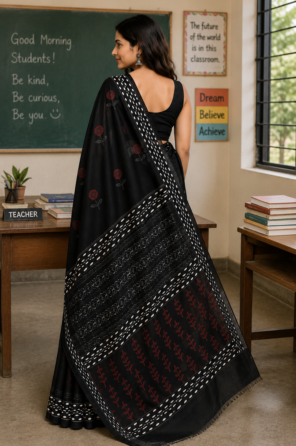 Ebony Black Floral Block Print Mul Cotton Saree | Shop By Abhinetri