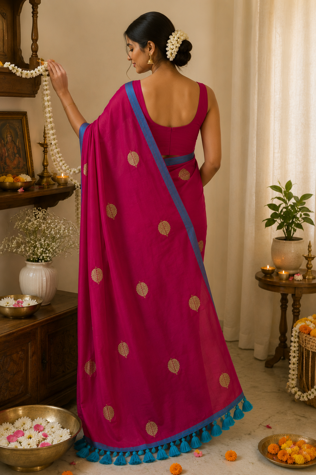 Striking Fuchsia Leaf Sequin Mulmul Cotton Saree | Shop By Abhinetri