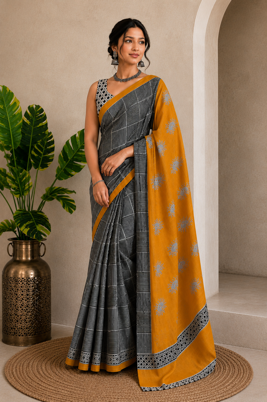 Bright Yellow Block Print Mul Cotton Saree | Shop By Abhinetri