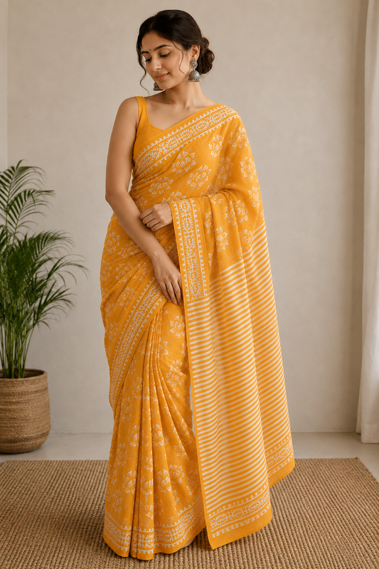 Bright Yellow Lotus Block Print Mul Cotton Saree | Shop By Abhinetri