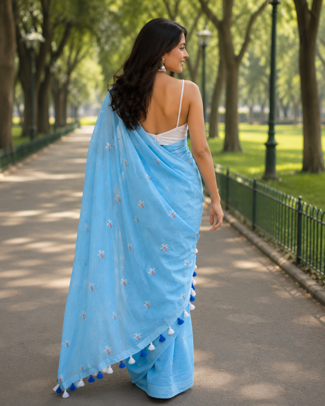 Turquoise Blue Floral Embroidered Khadi Cotton Saree | Shop By Abhinetri