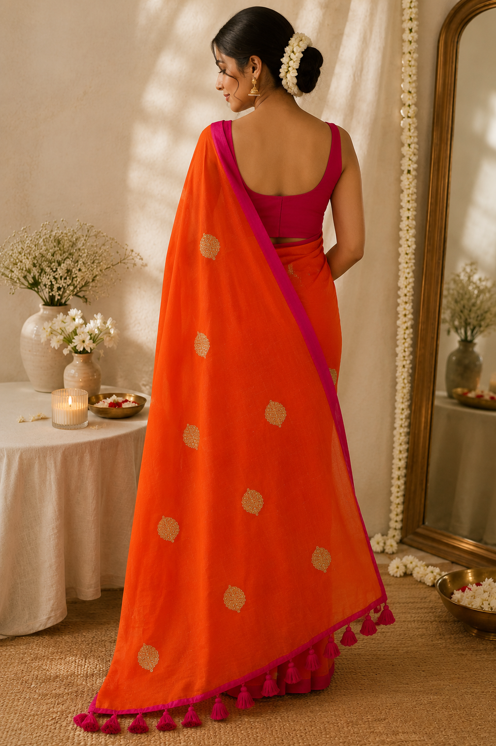 Striking Orange Leaf Sequin Mulmul Cotton Saree | Shop By Abhinetri