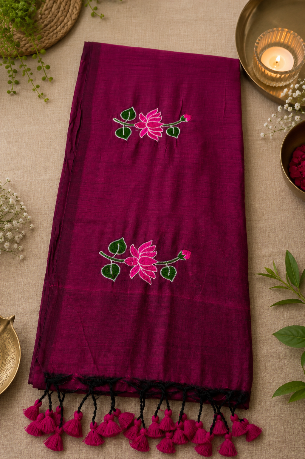 Gorgeous Wine Lotus Embroidered Khadi Cotton Saree | Shop By Abhinetri