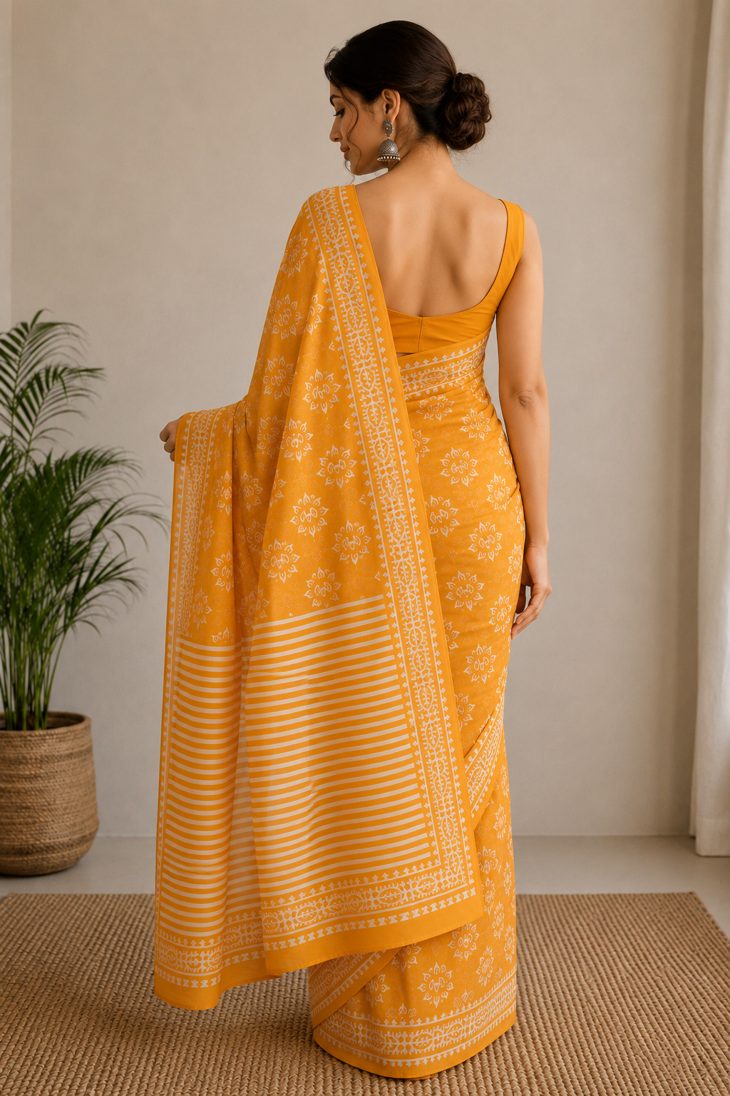 Bright Yellow Lotus Block Print Mul Cotton Saree | Shop By Abhinetri