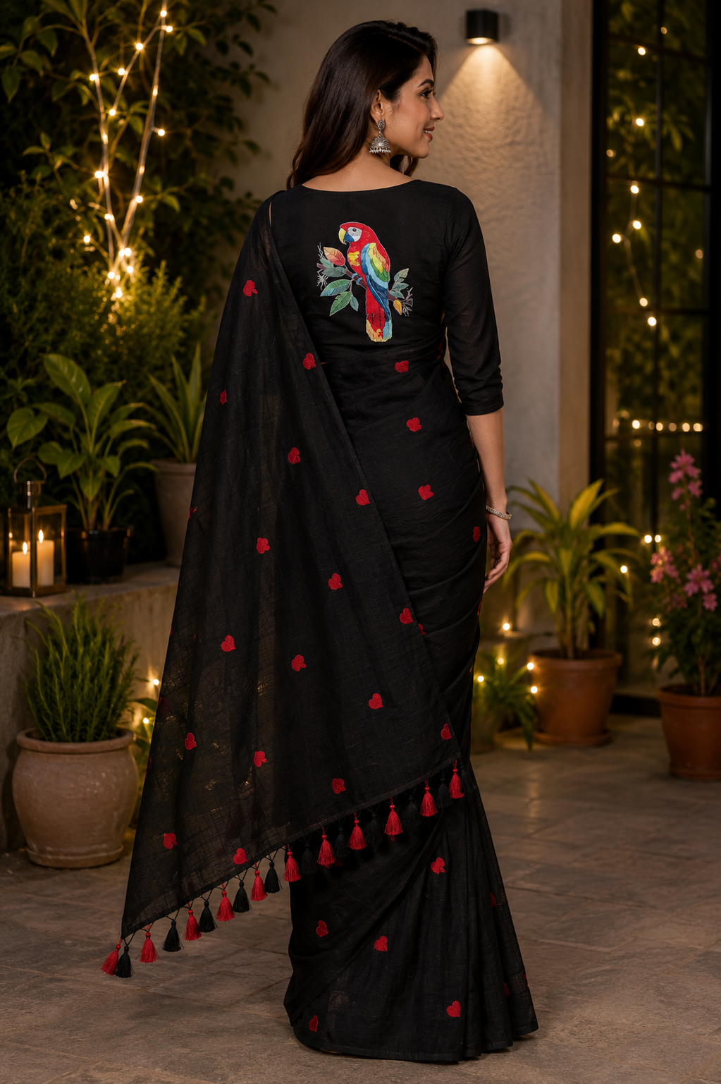 Electic Black Heart Embroidered Khadi Cotton Saree | Shop By Abhinetri
