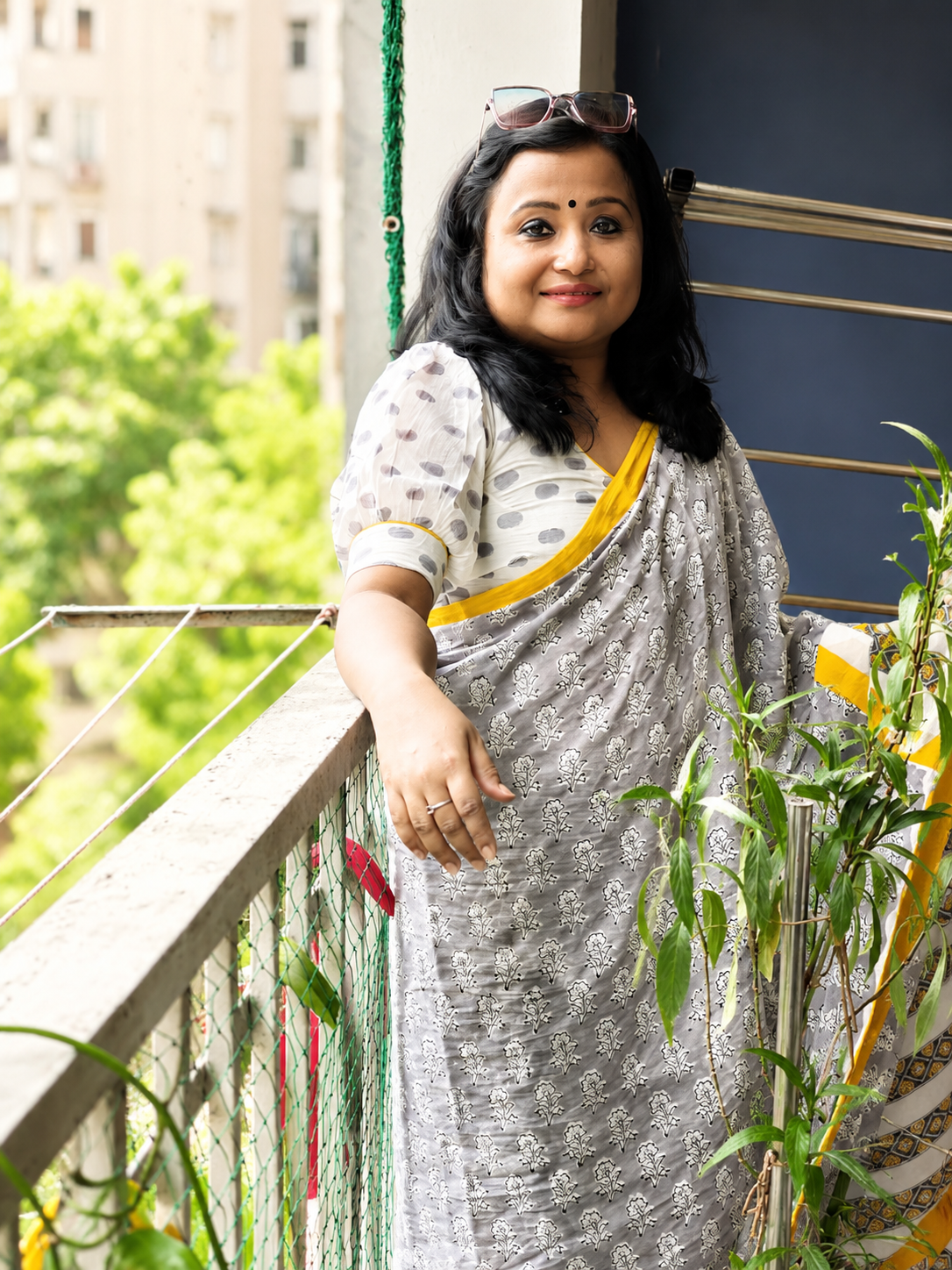 Silver Grey Block Print Mul Cotton Saree | Shop By Abhinetri