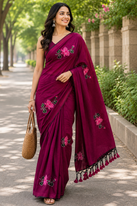 Gorgeous Wine Lotus Embroidered Khadi Cotton Saree | Shop By Abhinetri
