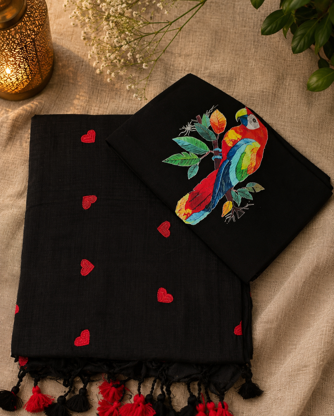 Electic Black Heart Embroidered Khadi Cotton Saree | Shop By Abhinetri
