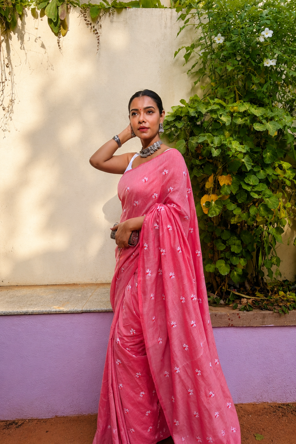 Pink Floral Embroidered Khadi Cotton Saree | Shop By Abhinetri