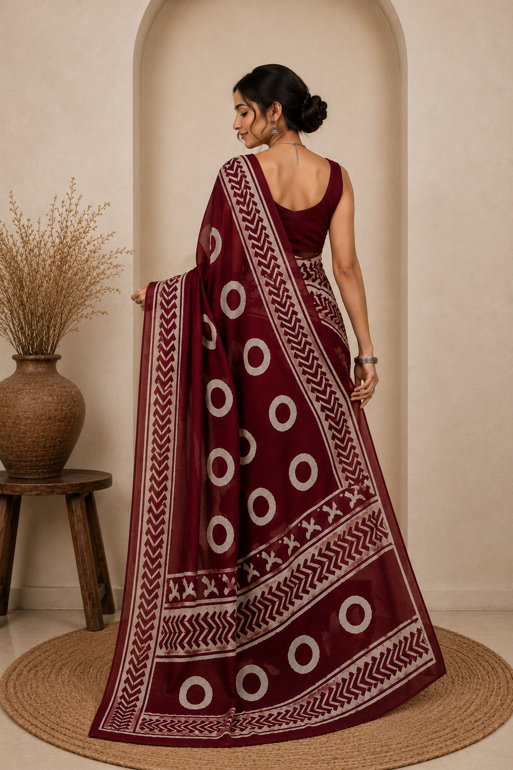 Deep Maroon Geometric Block Print Mul Cotton Saree | Shop By Abhinetri