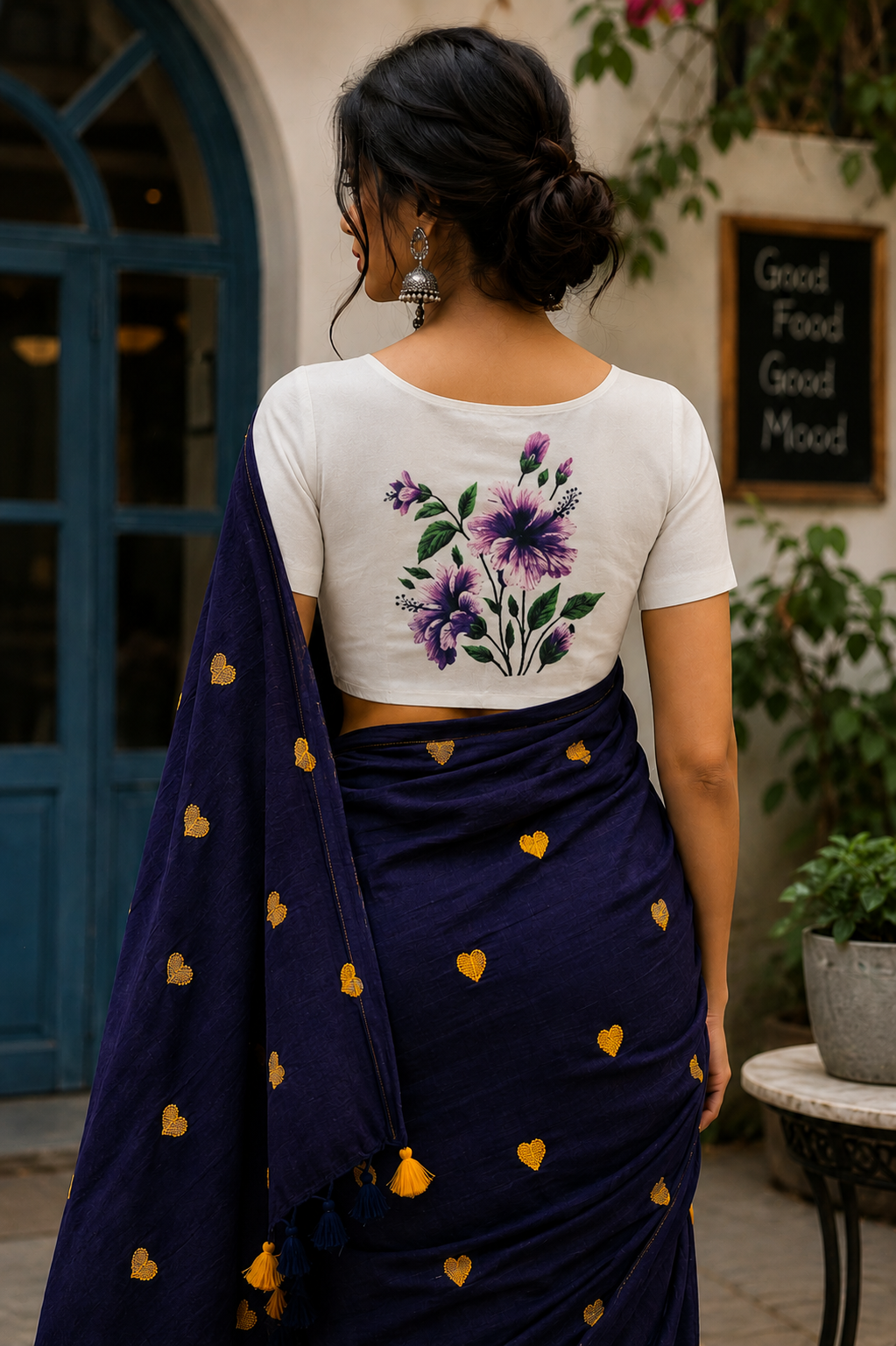 Dark Purple Heart Embroidered Khadi Cotton Saree | Shop By Abhinetri