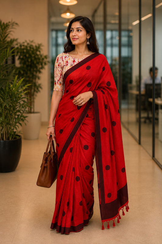 Poppy Red Polka Dot Khadi Cotton Saree | Shop By Abhinetri