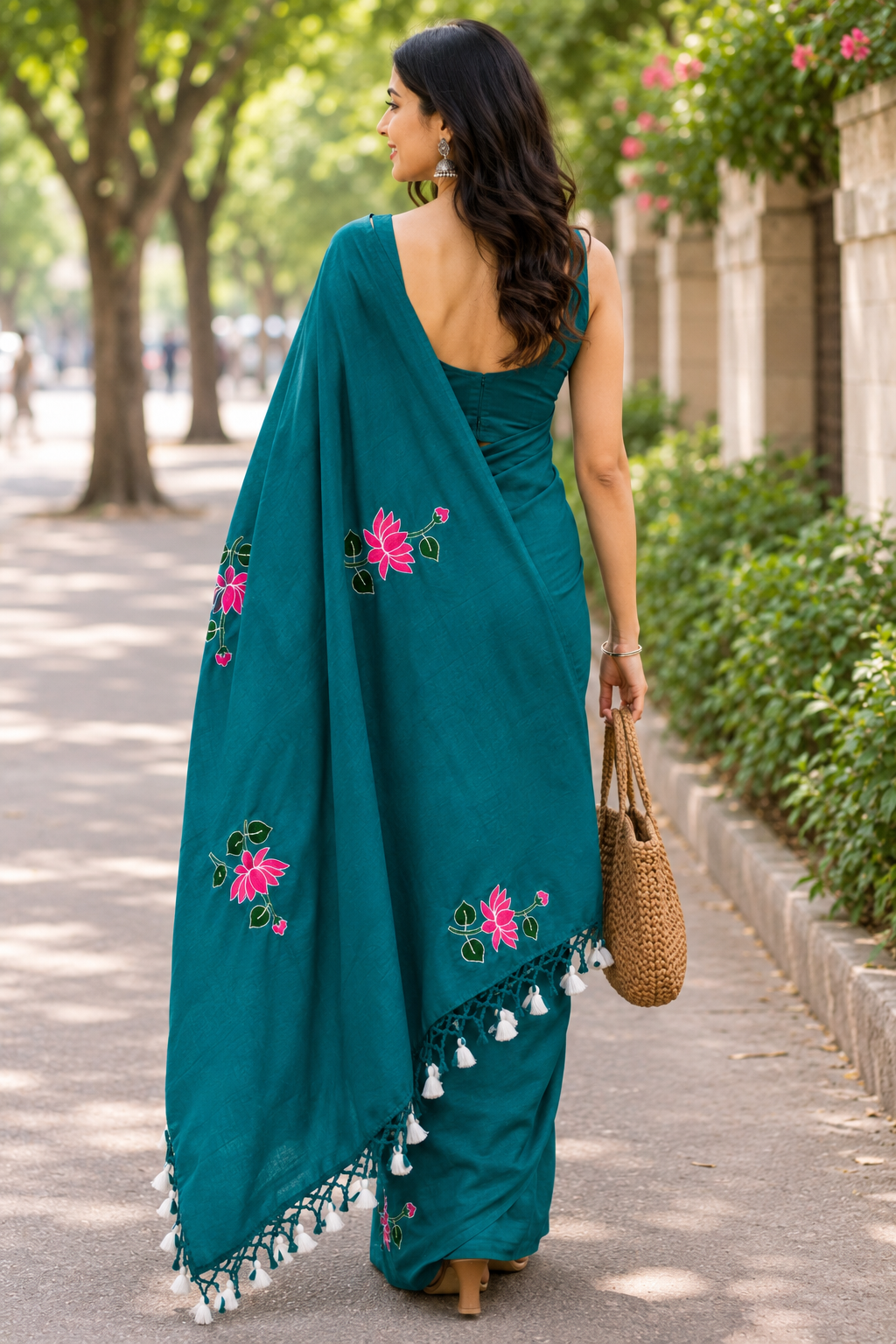 Elegant Teal Lotus Embroidered Khadi Cotton Saree | Shop By Abhinetri