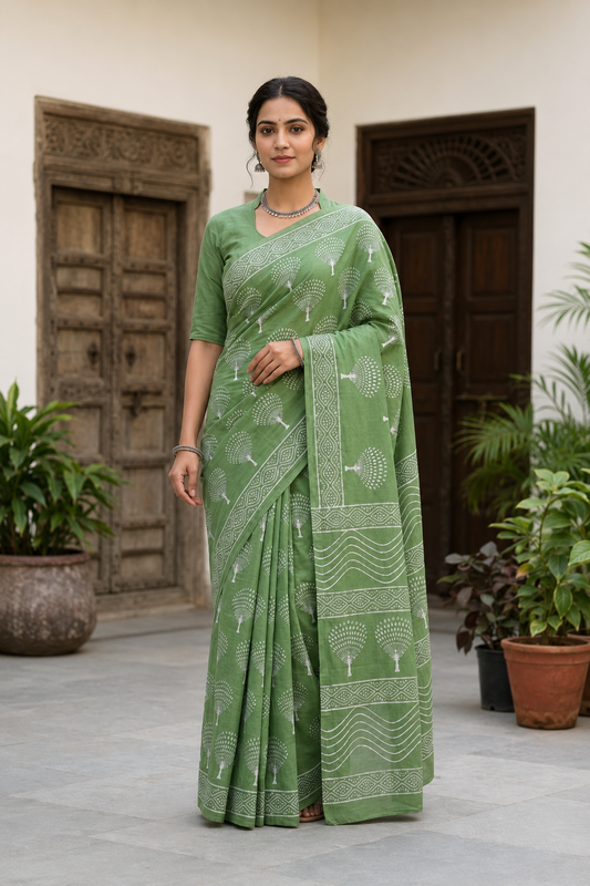 Light Green Tree of Life Block Print Mul Cotton Saree | Shop By Abhinetri