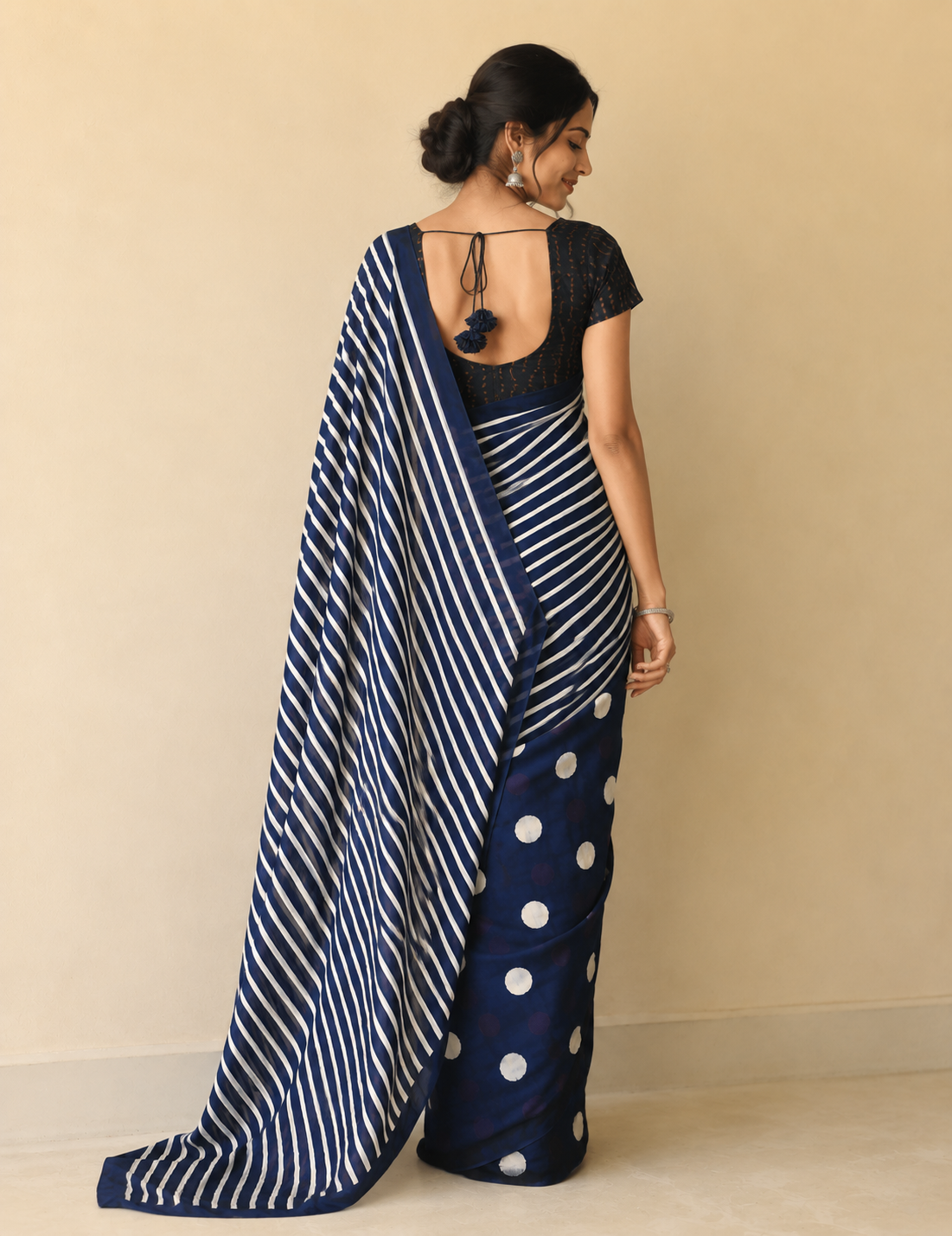 Mul Cotton Hand Block Print Saree-Navy Blue