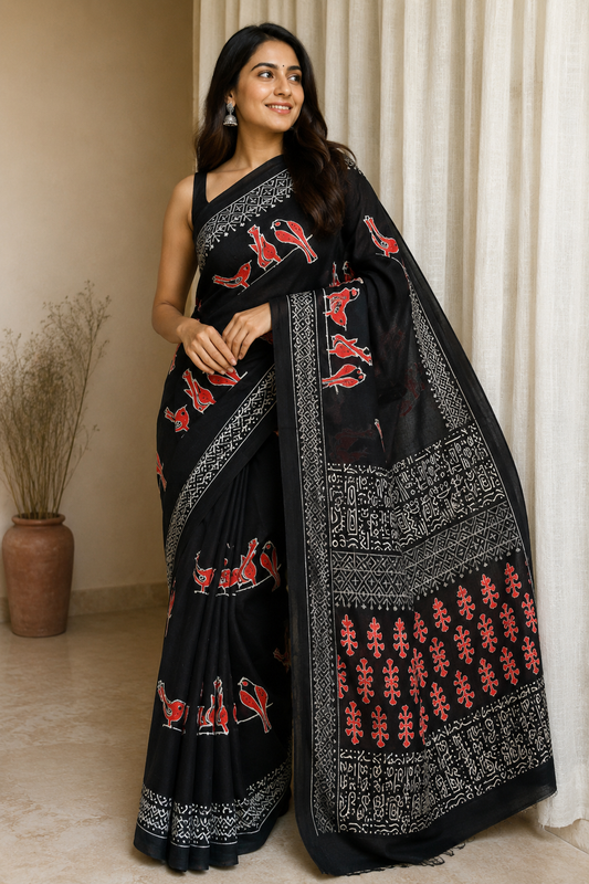 Midnight Black Birds Block Print Mul Cotton Saree | Shop By Abhinetri