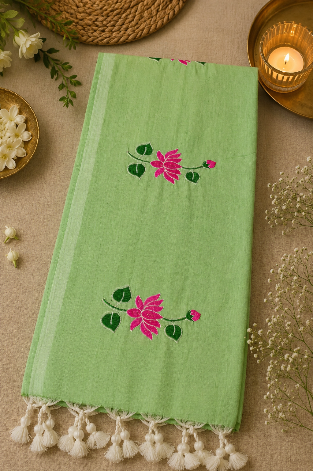 Sage Green Lotus Embroidered Khadi Cotton Saree | Shop By Abhinetri