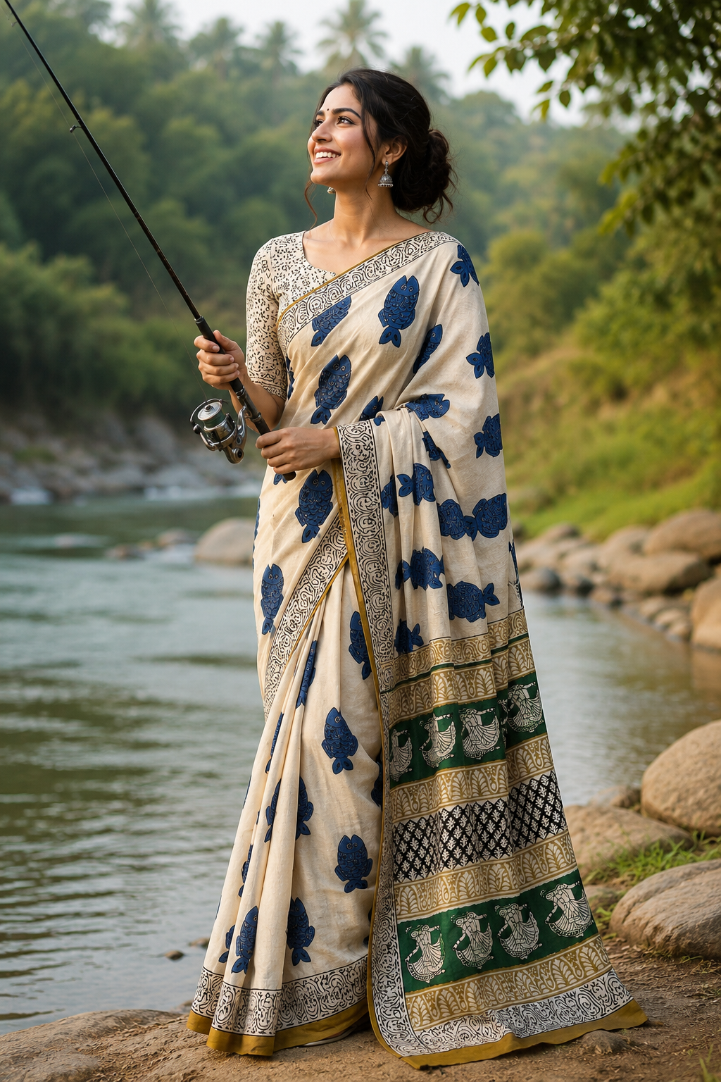 Pearl White Fish Block Print Mul Cotton Saree | Shop By Abhinetri