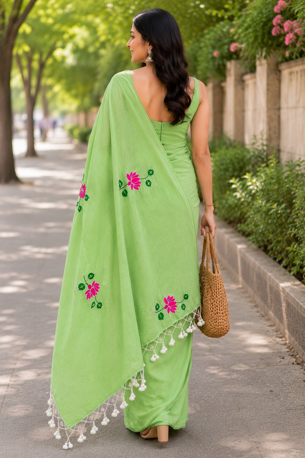 Sage Green Lotus Embroidered Khadi Cotton Saree | Shop By Abhinetri