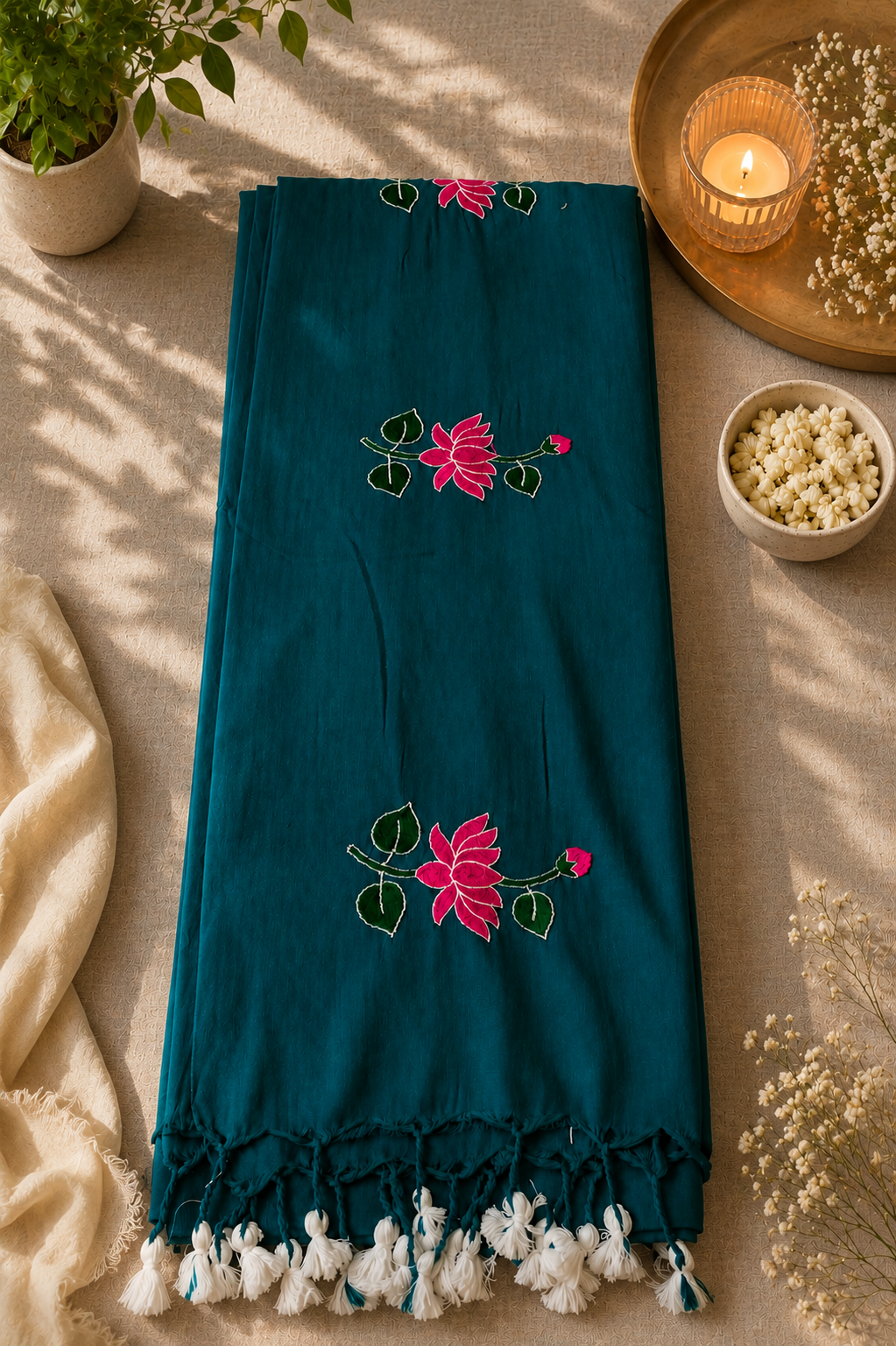 Elegant Teal Lotus Embroidered Khadi Cotton Saree | Shop By Abhinetri