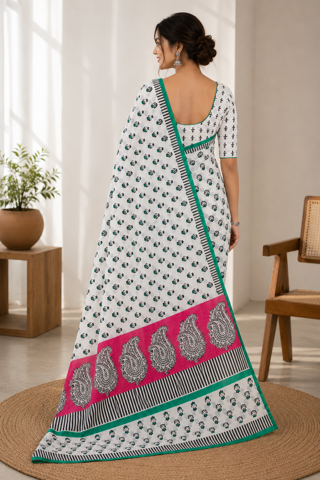 Pearl White Comic Block Print Mul Cotton Saree | Shop By Abhinetri