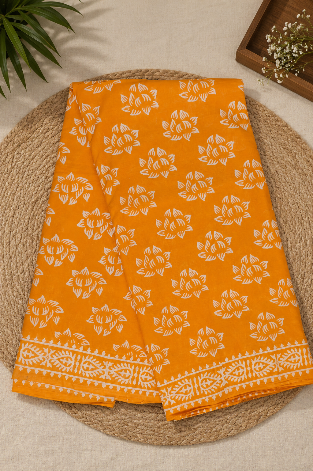 Bright Yellow Lotus Block Print Mul Cotton Saree | Shop By Abhinetri