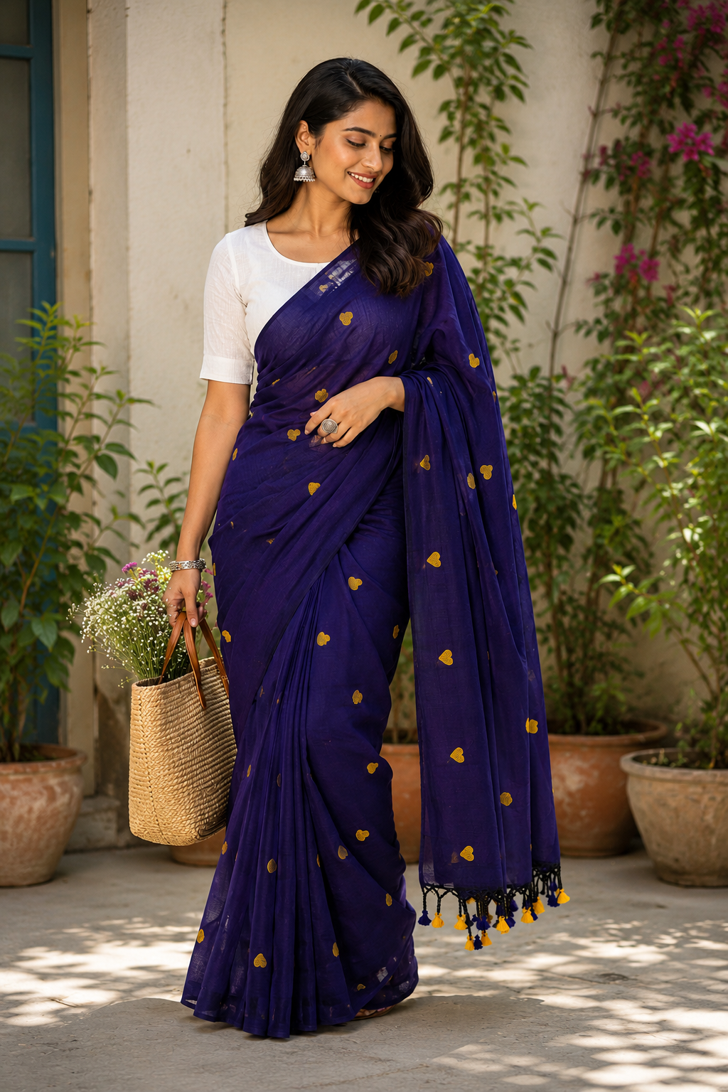 Dark Purple Heart Embroidered Khadi Cotton Saree | Shop By Abhinetri
