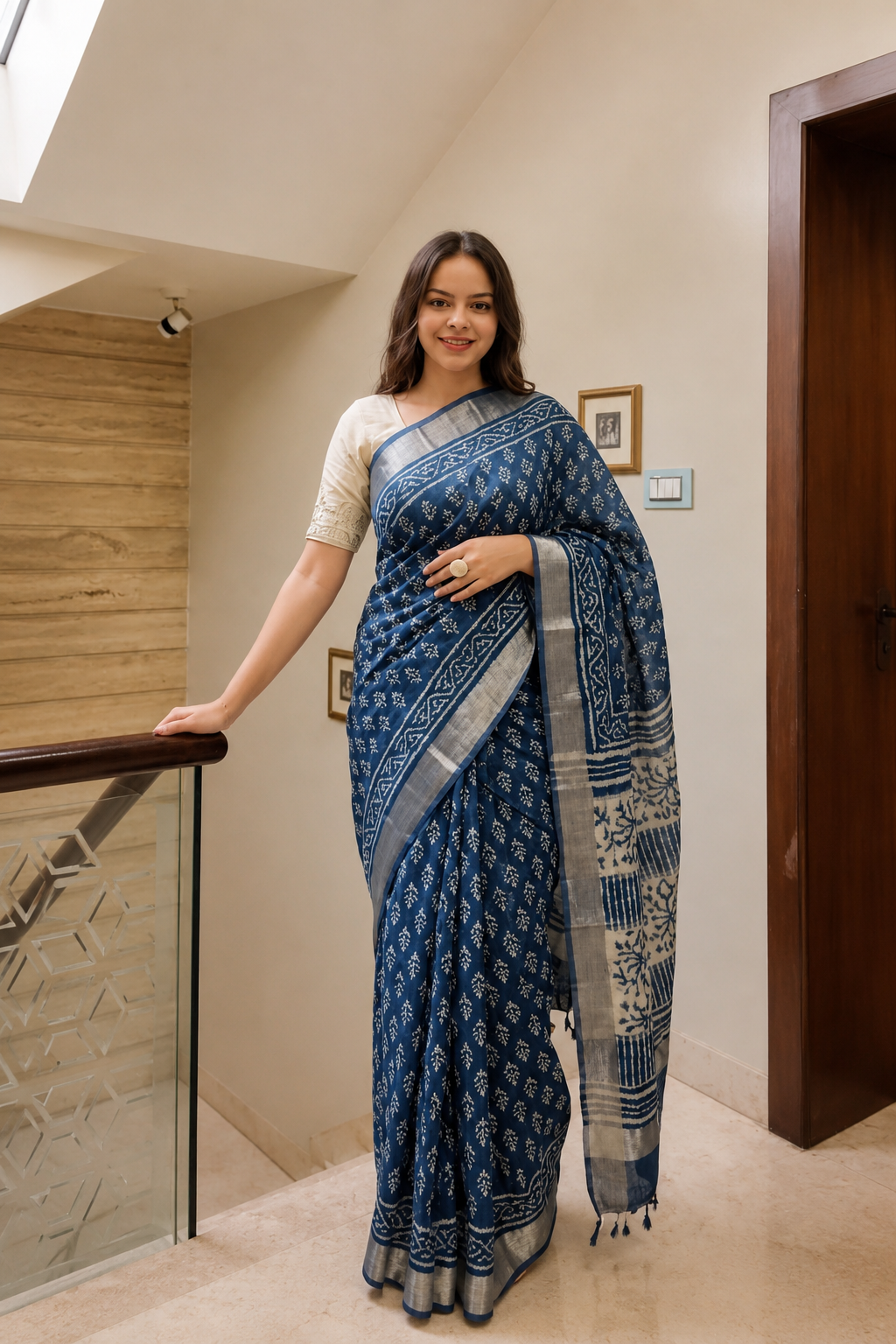 Indigo Magic Block Print Saree with Zari Border | Shop By Abhinetri